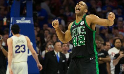 Al Horford qui bondit de joie sous les couleurs des Celtics