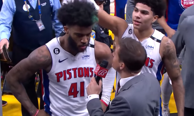 Saddiq Bey, le joueur des Pistons en conférence de presse après son game-winner